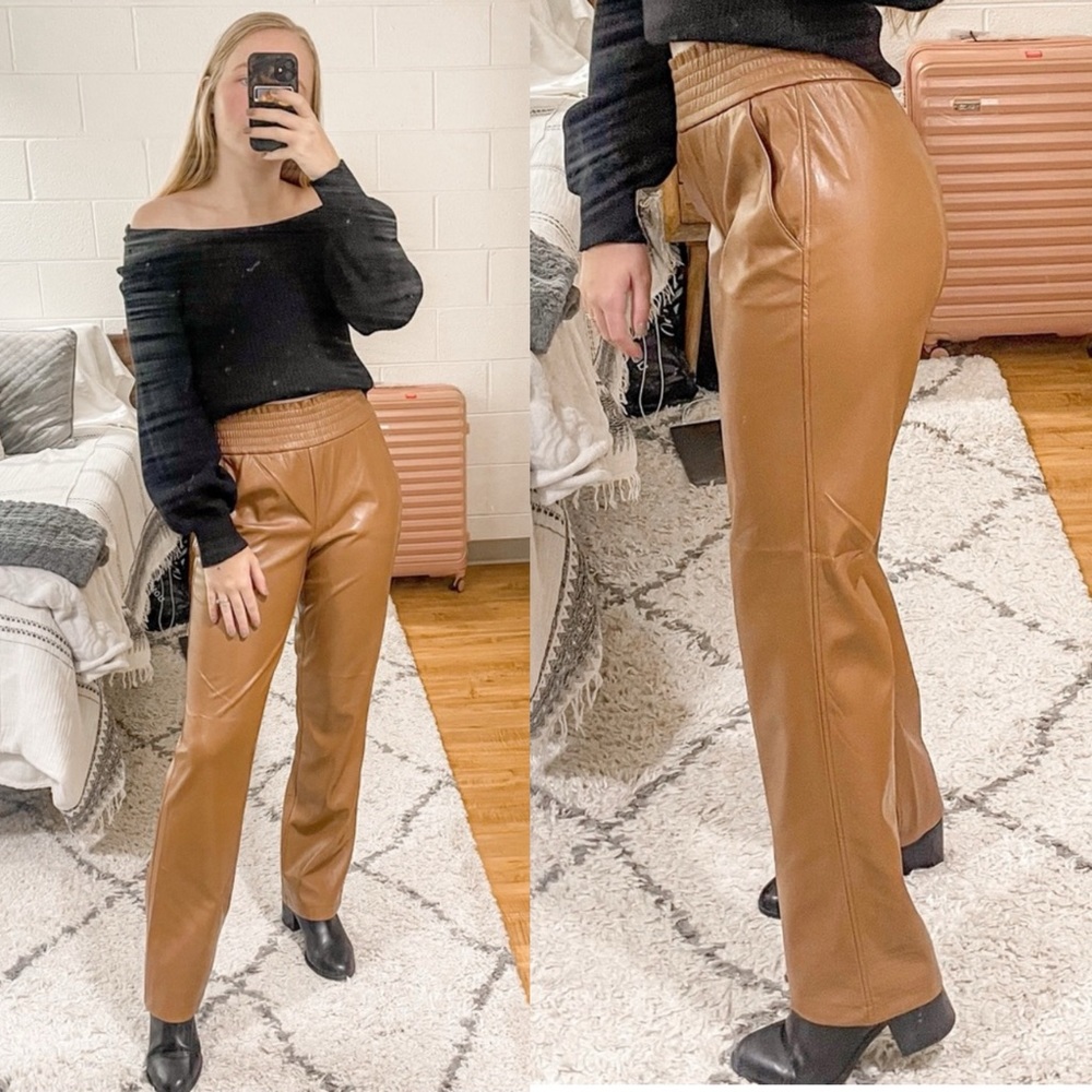 Joie Brown Caramel Vegan Faux Leather Straight Pants Trousers Blogger Fav Sz M